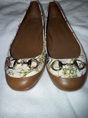 Gucci Brown Leather & Cream Floral Canvas Horsebit Ballet Flats